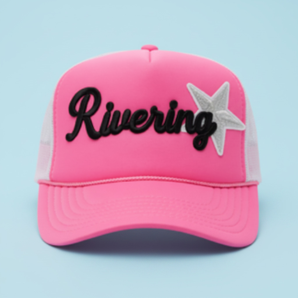 Pink cap with 'Rivering' text on a screen with SuperGrok app interface.